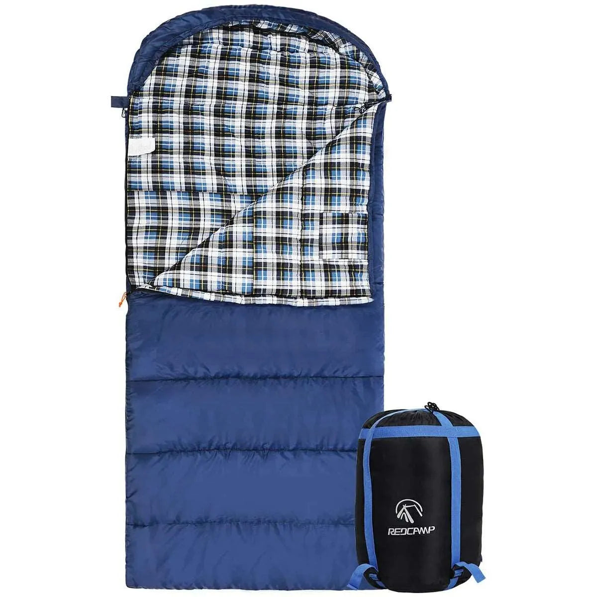 Hooded Camping Sleeping Bag for Adult with Cotton Flannel,Red,Blue,Navy Blue - Redcamp
