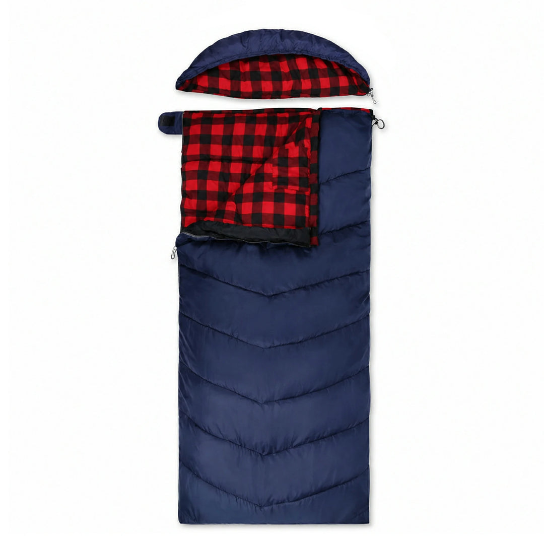 Sac de couchage de camping à capuche pour adulte en flanelle de coton, rouge, bleu, bleu marine 