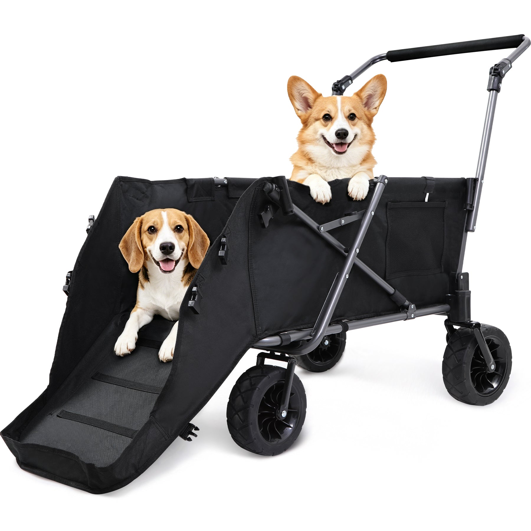 Folding Dog Wagon for Large Dogs with Extendable Rear and Canopy