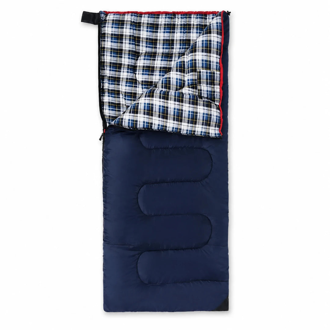 Sac de couchage de camping pour adulte avec doublure en flanelle de coton, rouge et bleu 
