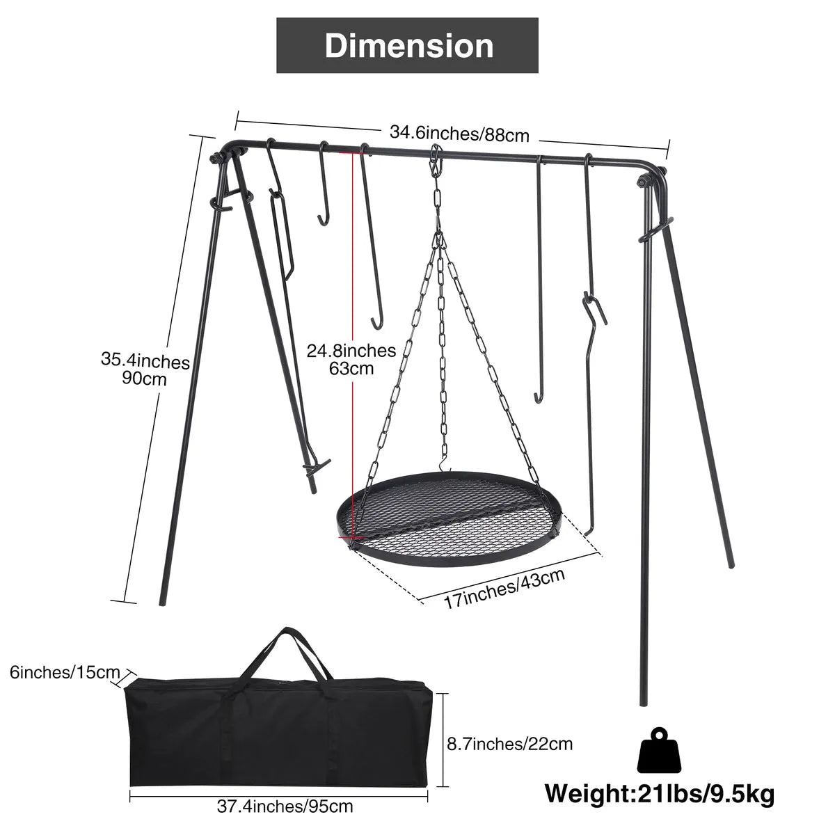 Portable Hanging Campfire Swing Grill Stand with Dutch Oven Lid Lifter & Hooks For Outdoor Cooking - Redcamp