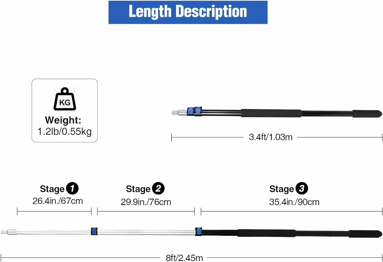 8ft/12ft Aluminum Extendable Telescopic Boat Hook For Docking, Black/Silver - Redcamp
