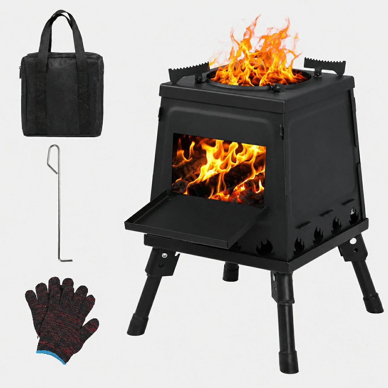 REDCAMP cast iron wood burning camp stove with carry bag, glove and fire poker
