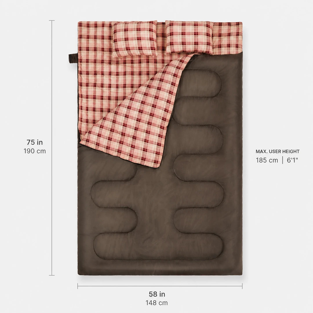 20°F Queen Size Cotton Double Sleeping Bag-Pink Plaid