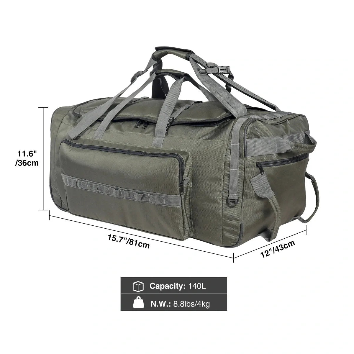 140L Tactical Duffle Bag with Wheels and Backpack Straps - Redcamp
