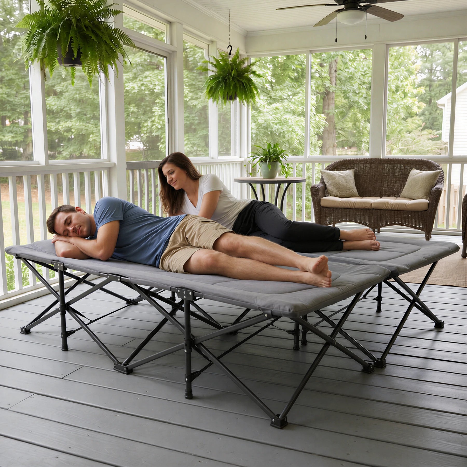 2-in-1 Double Camping Cot with Mattress, 59" Extra Wide Folding Bed for 2 People
