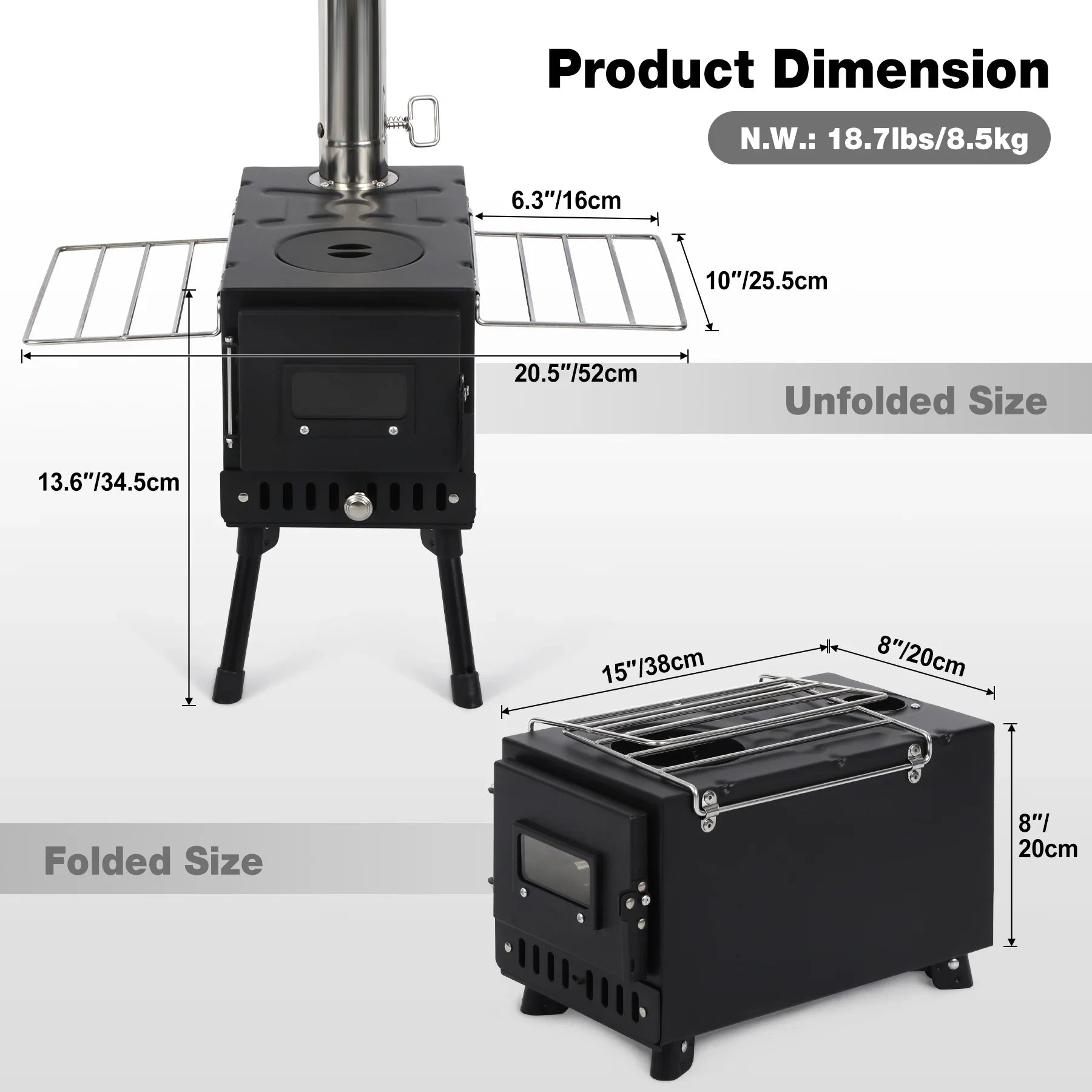 Hot Tent Stove with 6-Section Chimney & Dual Side Racks