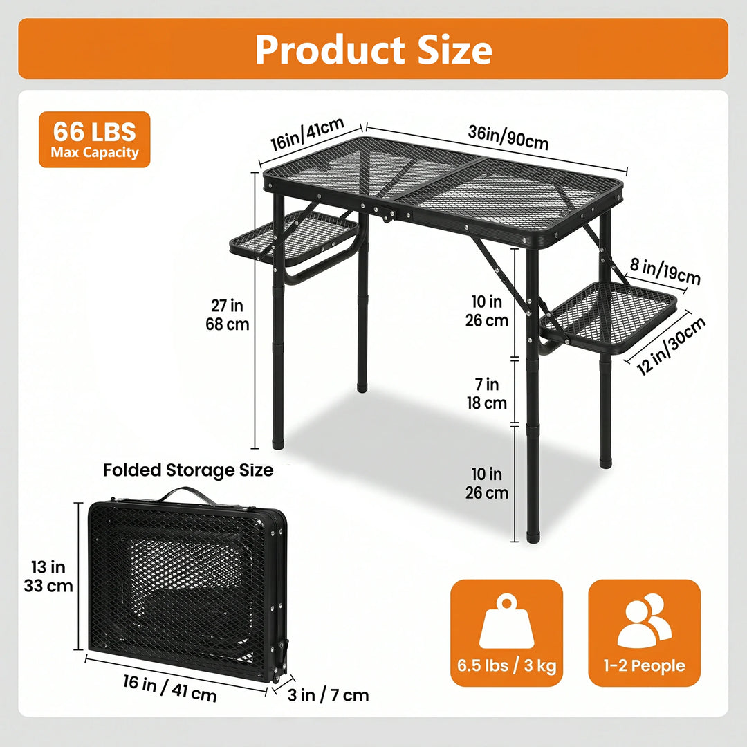 Folding Grill Table with Extra Space, Adjustable Height Portable Small Stand Table for Outdoor Indoor Camping Picnic BBQ, Black with Side Table