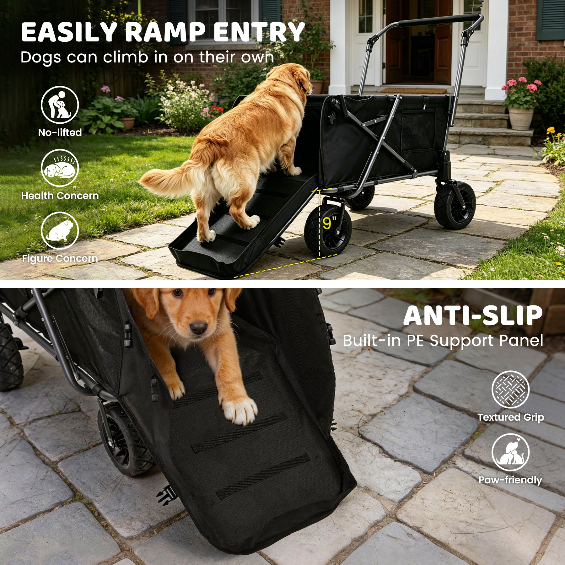 Folding Dog Wagon for Large Dogs with Extendable Rear and Canopy