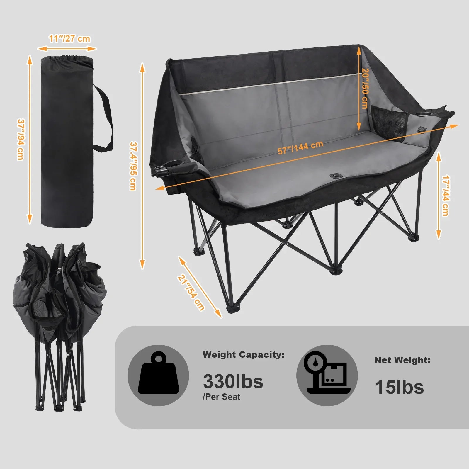 Double Camping Chair, Oversized 660lbs Camping Couch