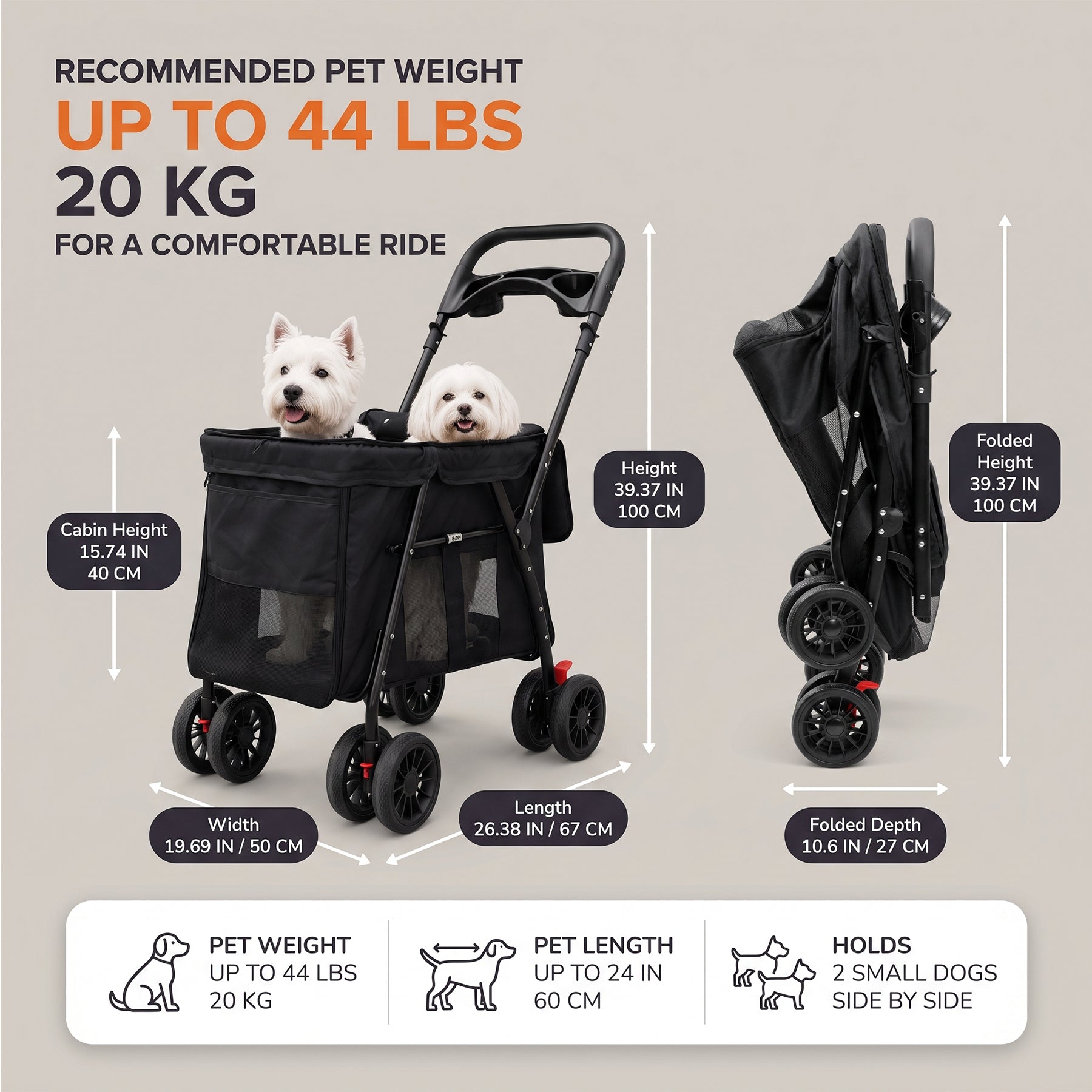 Folding Dog Stroller for 2 Small Dogs – Black