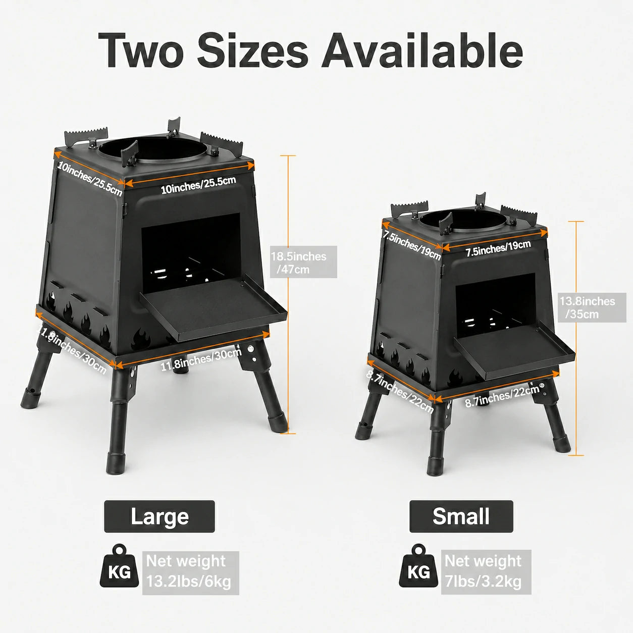 Small and Large cast iron camp stove size and weight comparison