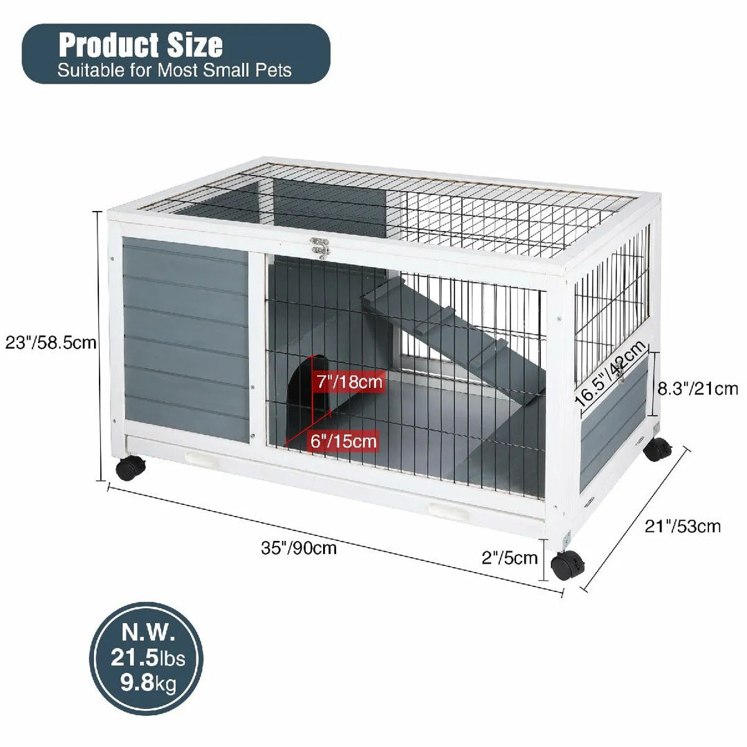 Wooden Rabbit Hutch with Wheels and Openable Roof - Redcamp