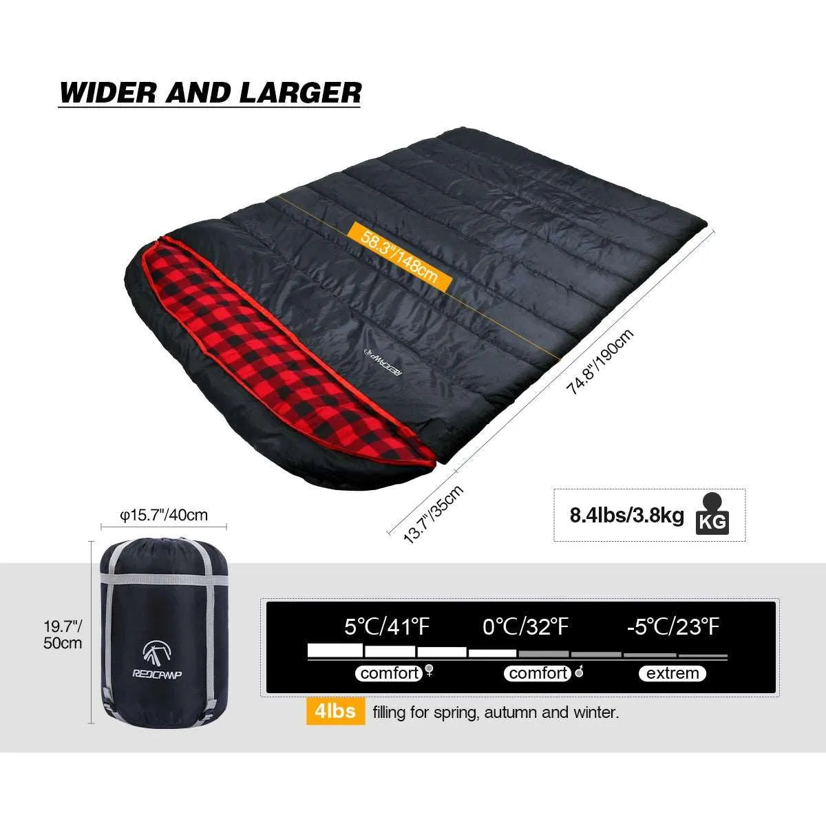 Double Sleeping Bag for Adults - Redcamp