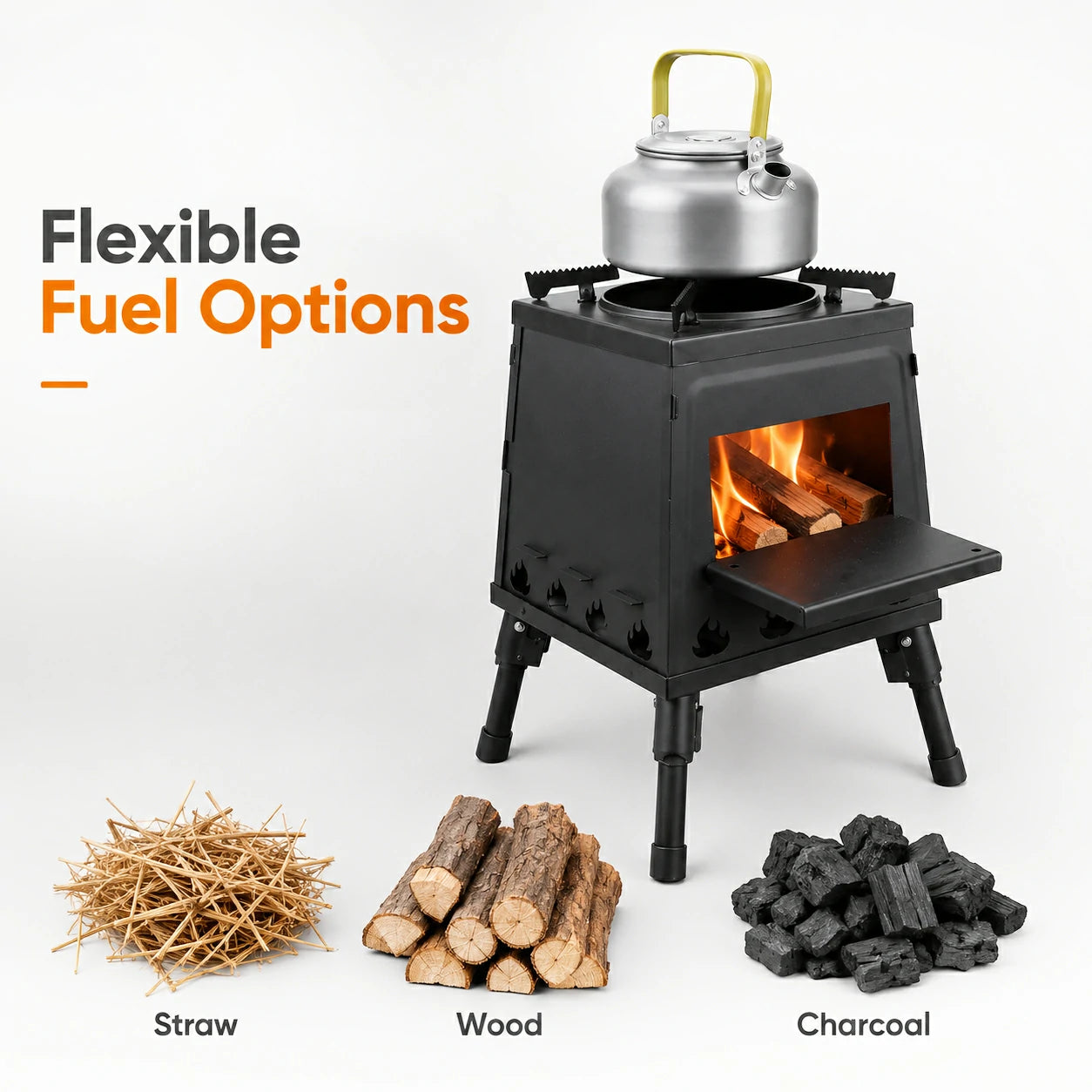 Wood burning camp stove with straw, firewood and charcoal fuel options
