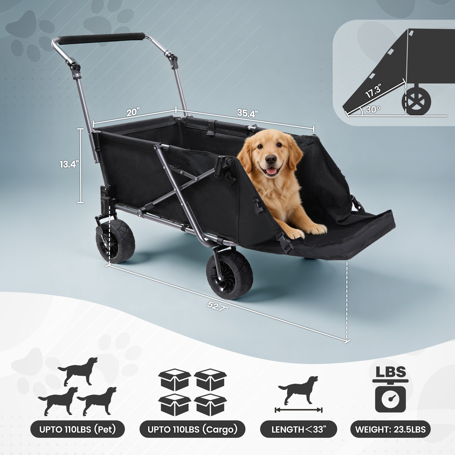 Folding Dog Wagon for Large Dogs with Extendable Rear and Canopy
