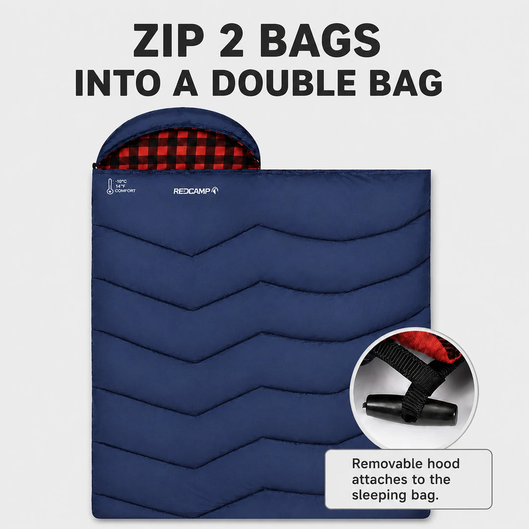 Sac de couchage de camping à capuche pour adulte en flanelle de coton, rouge, bleu, bleu marine 