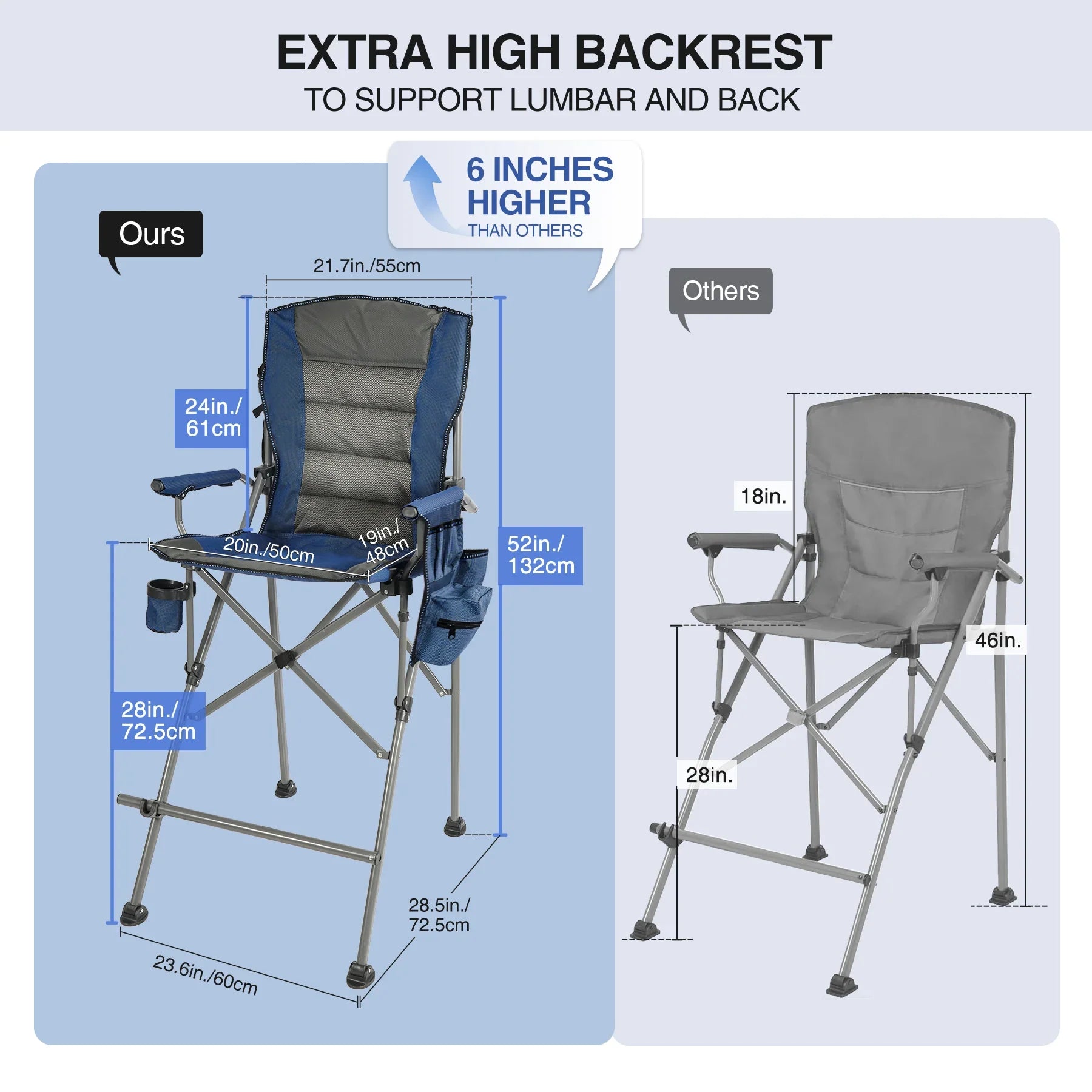 Chaise pliante extra haute, chaises de réalisateur pliables à hauteur de bar pour adultes avec dossier haut et accoudoirs rigides, supportant 330 lb