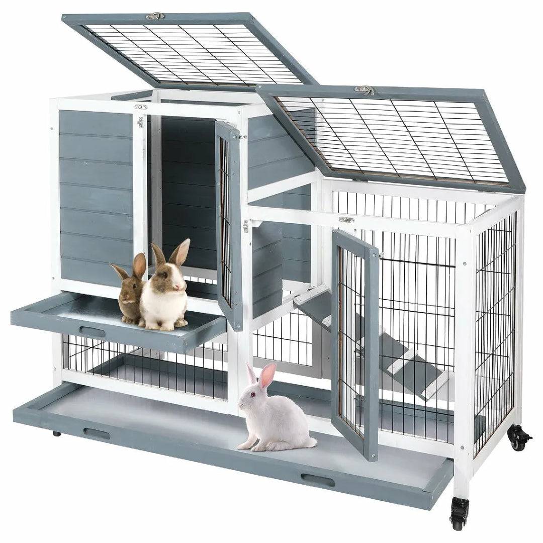Wooden Rabbit Hutch with Wheels and Openable Roof - Redcamp
