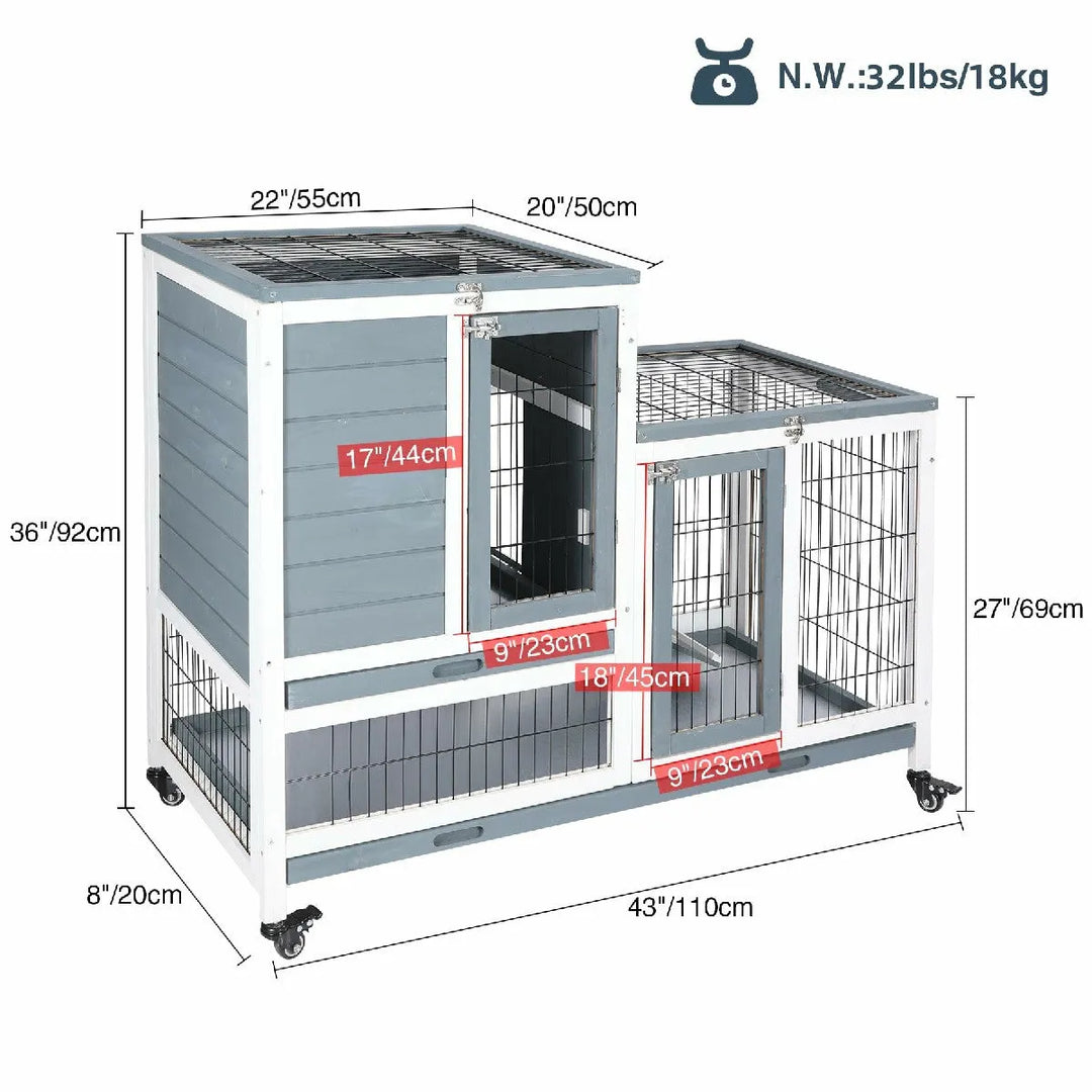Wooden Rabbit Hutch with Wheels and Openable Roof - Redcamp