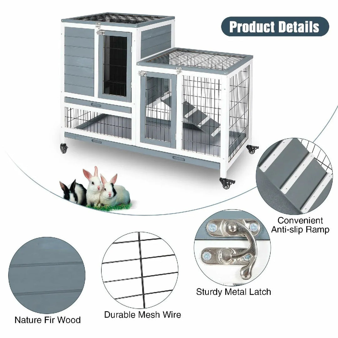Wooden Rabbit Hutch with Wheels and Openable Roof - Redcamp