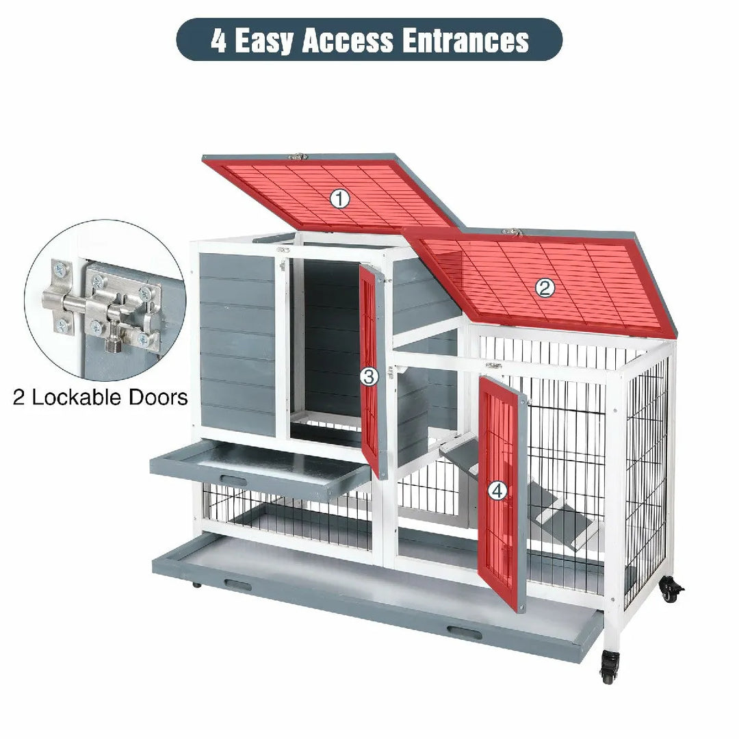 Wooden Rabbit Hutch with Wheels and Openable Roof - Redcamp