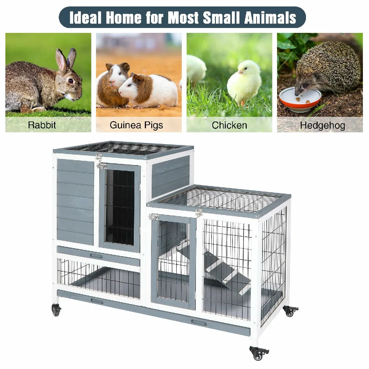 Wooden Rabbit Hutch with Wheels and Openable Roof - Redcamp