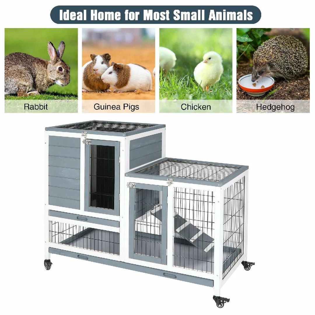Wooden Rabbit Hutch with Wheels and Openable Roof - Redcamp