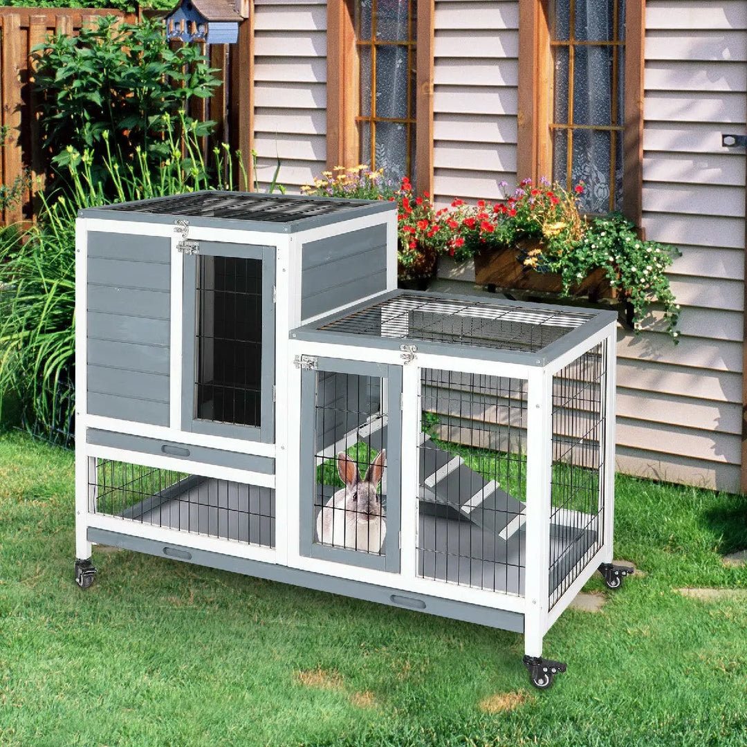 Wooden Rabbit Hutch with Wheels and Openable Roof - Redcamp