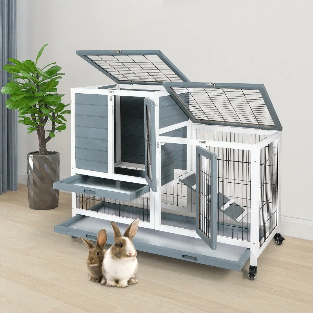 Wooden Rabbit Hutch with Wheels and Openable Roof - Redcamp