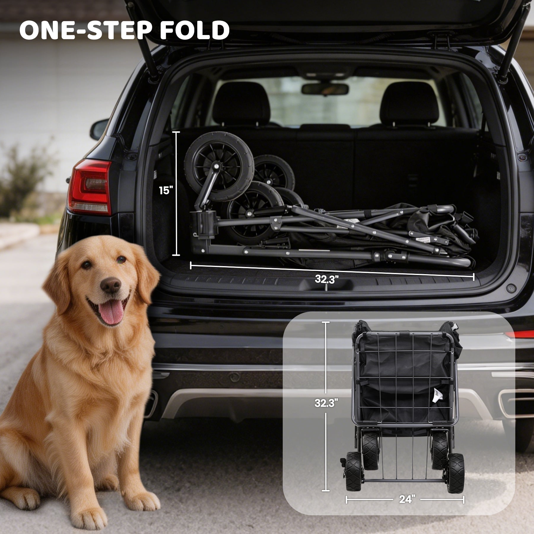 Folding Dog Wagon for Large Dogs with Extendable Rear and Canopy