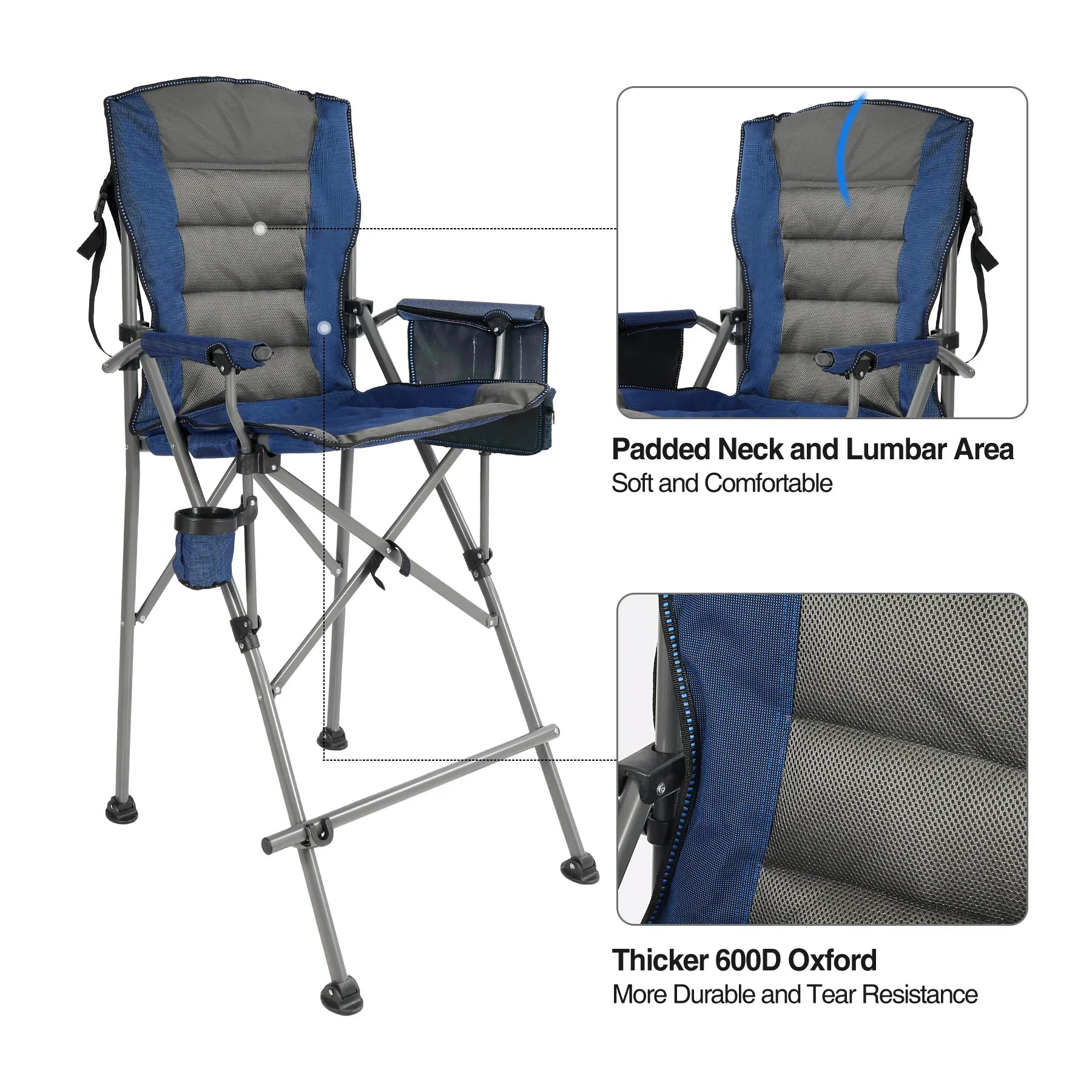 Chaise pliante extra haute, chaises de réalisateur pliables à hauteur de bar pour adultes avec dossier haut et accoudoirs rigides, supportant 330 lb