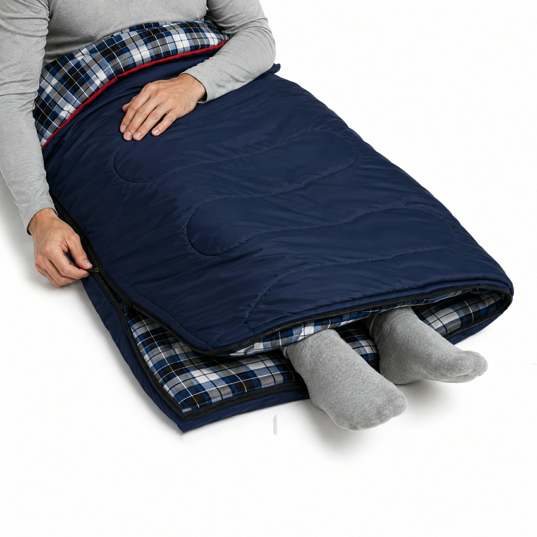 Sac de couchage de camping pour adulte avec doublure en flanelle de coton, rouge et bleu 