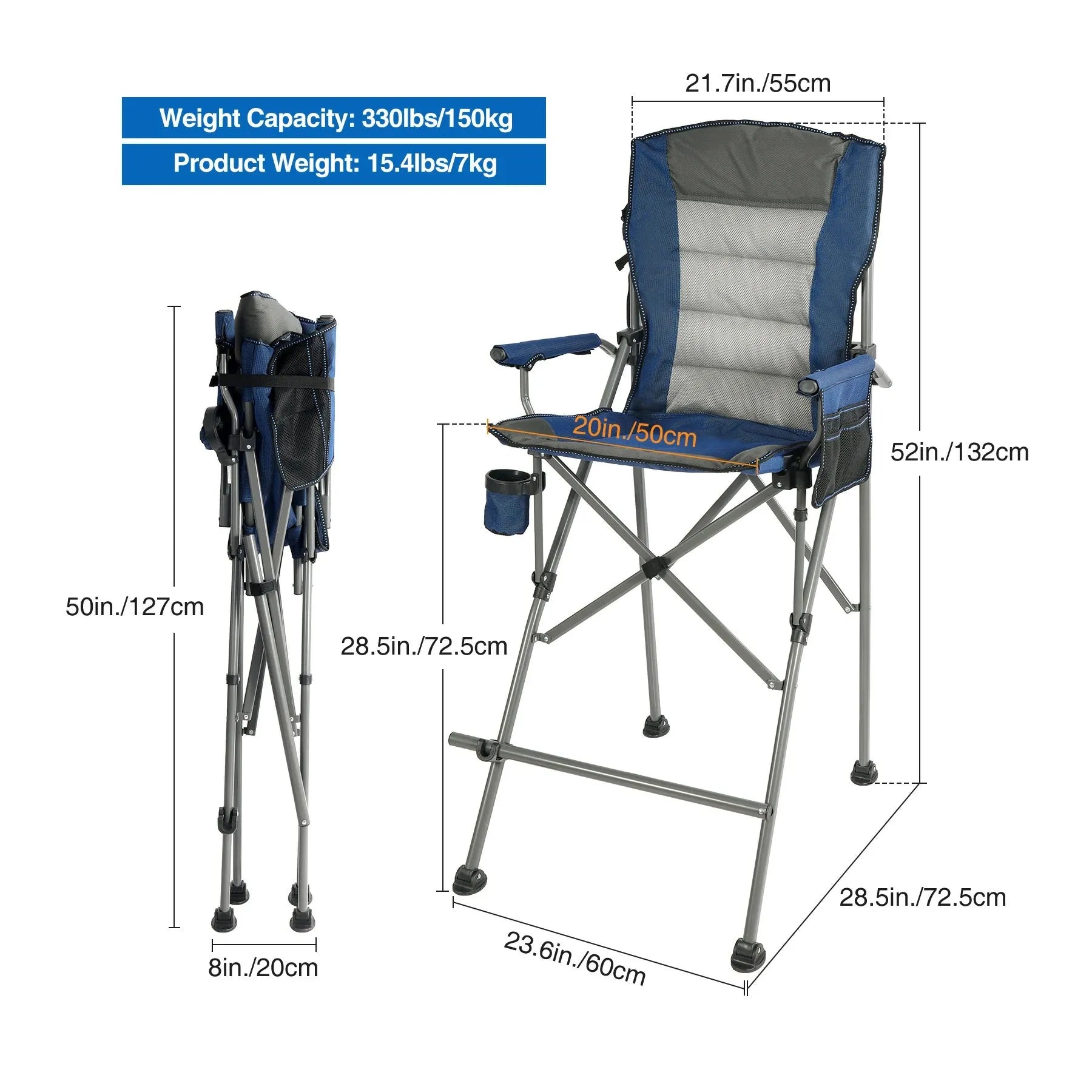Extra Tall Bar Height Foldable Director Chairs for Adults with High Back and Hard Arms, Support 330lbs - Redcamp