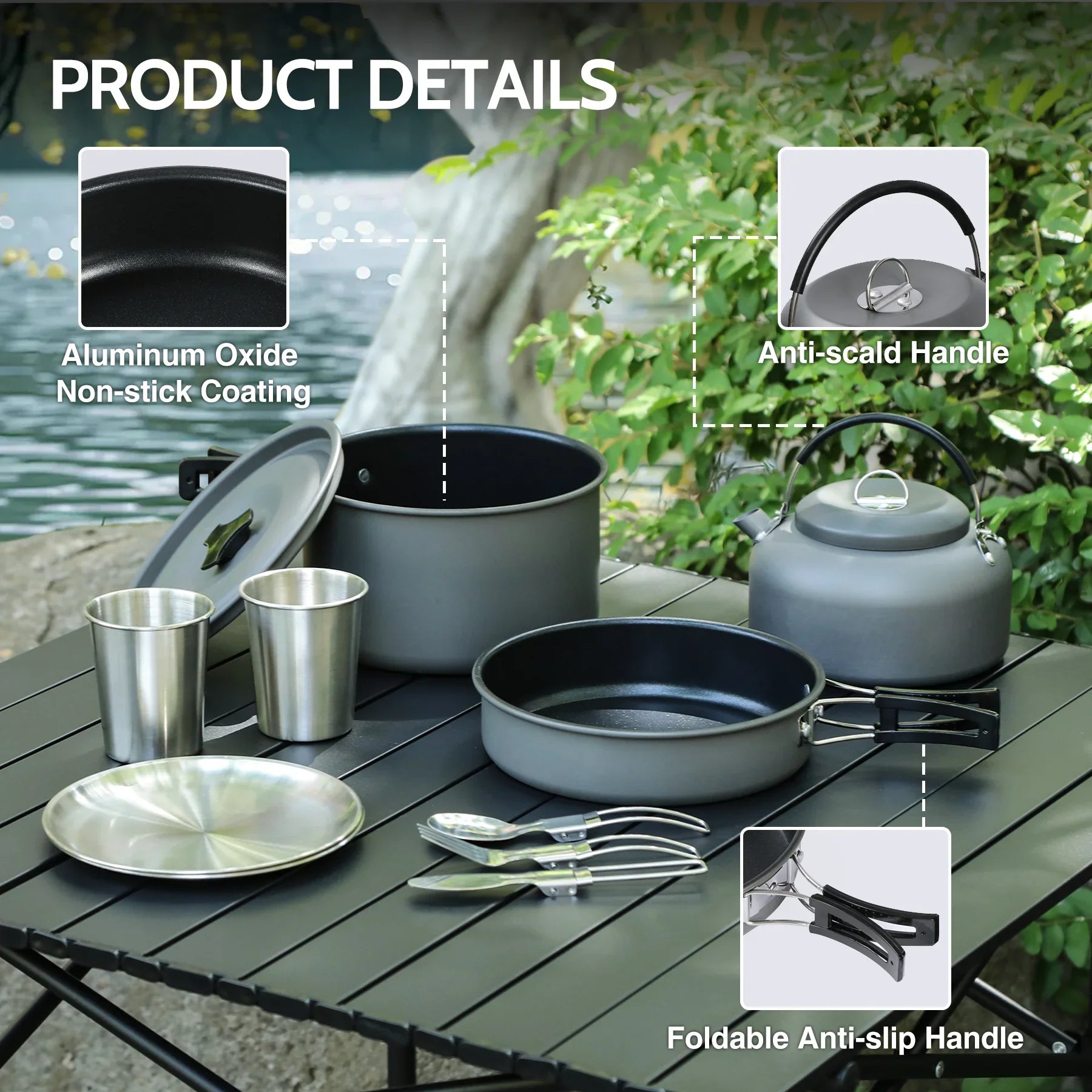 Camping Cookware Mess Kit, Backpacking Pot and Pan Set