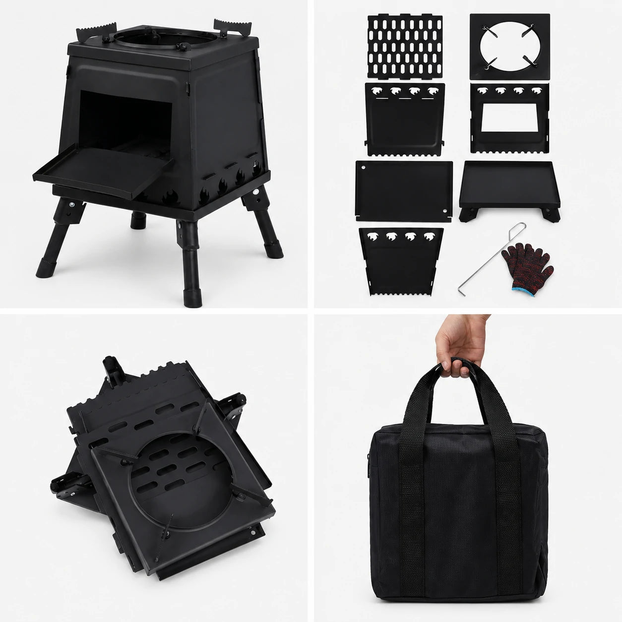 Fold-flat camping stove components, packed stove and portable carry bag
