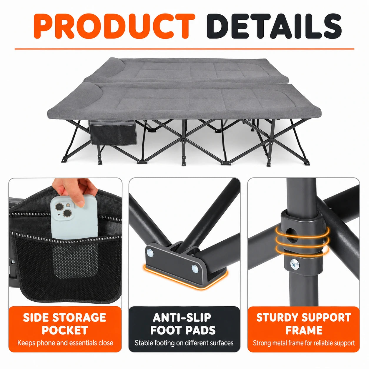 2-in-1 Double Camping Cot with Mattress, 59" Extra Wide Folding Bed for 2 People