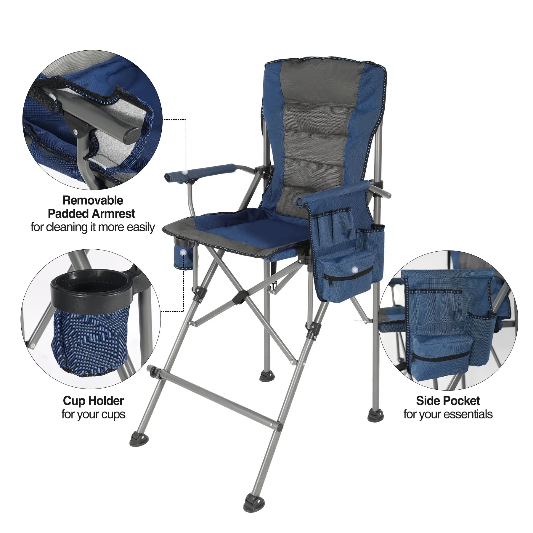 Chaise pliante extra haute, chaises de réalisateur pliables à hauteur de bar pour adultes avec dossier haut et accoudoirs rigides, supportant 330 lb