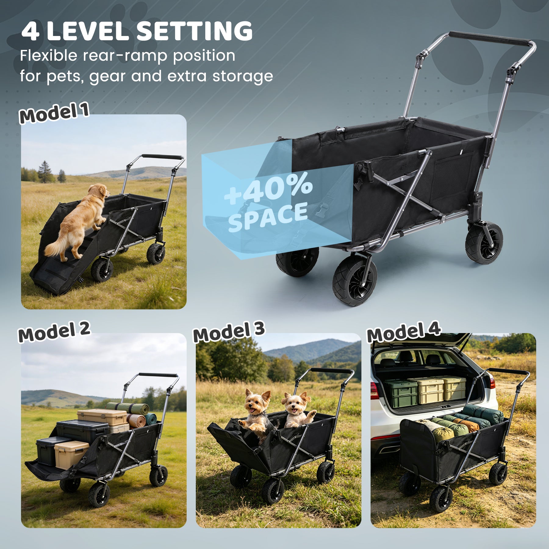 Folding Dog Wagon for Large Dogs with Extendable Rear and Canopy