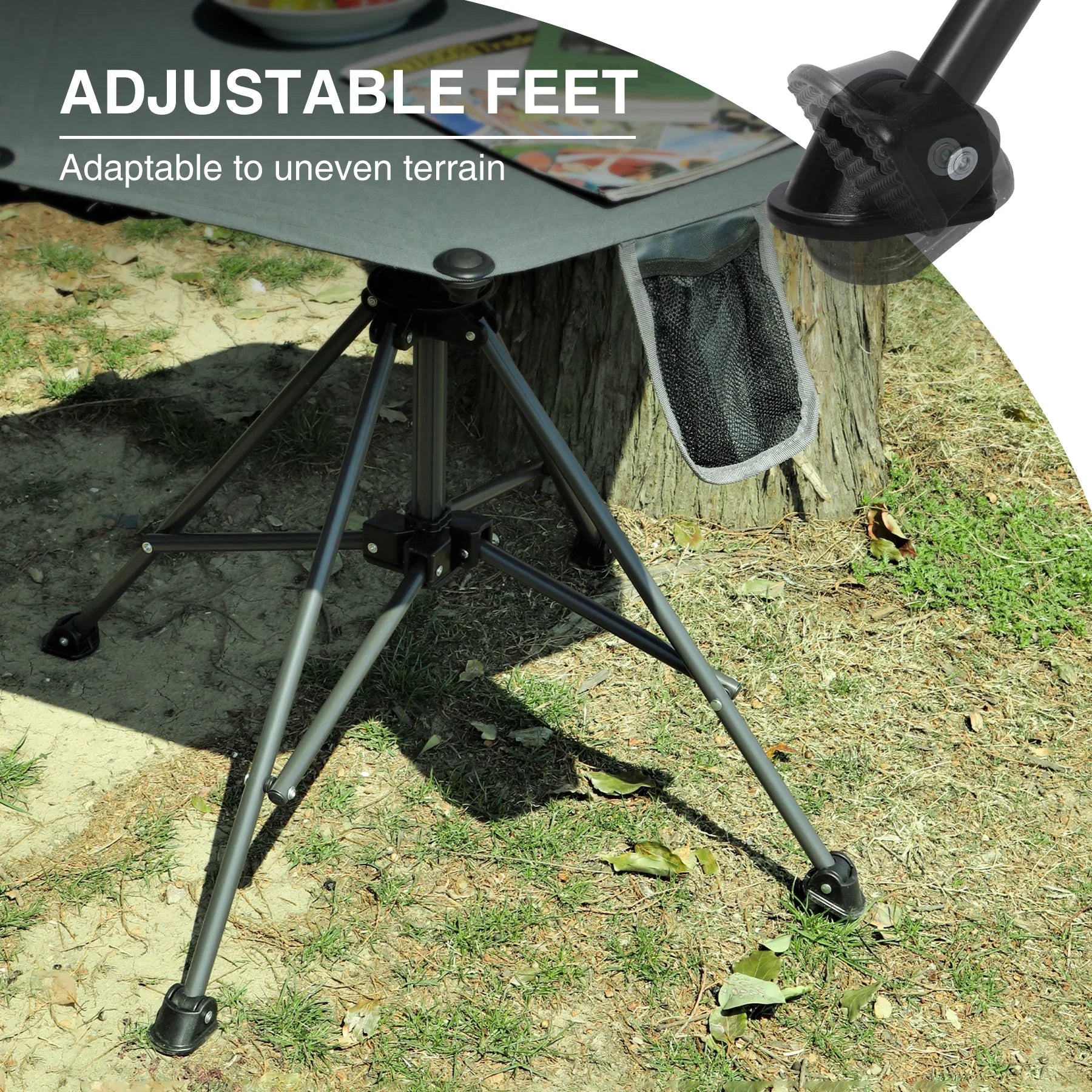 Table de camping pivotante portable à hauteur réglable (64/93 cm), table de pique-nique pliable pour la plage, le jardin et les voyages, tissu imperméable 600D et cadre en métal, sac de rangement inclus.