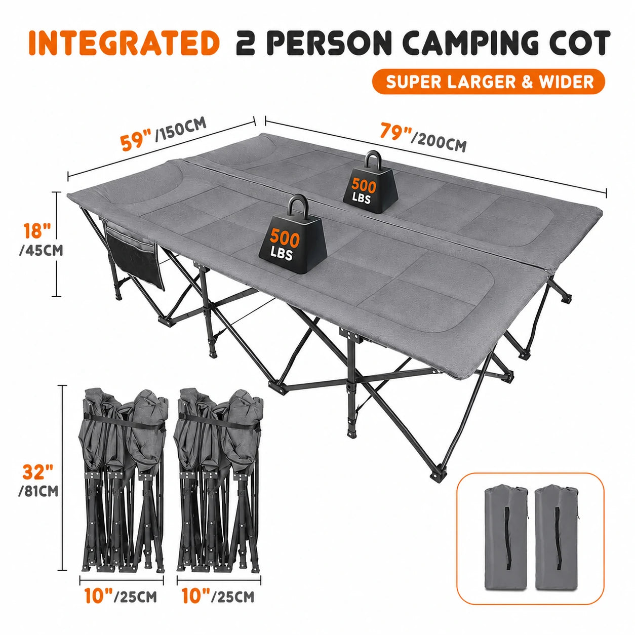 2-in-1 Double Camping Cot with Mattress, 59" Extra Wide Folding Bed for 2 People