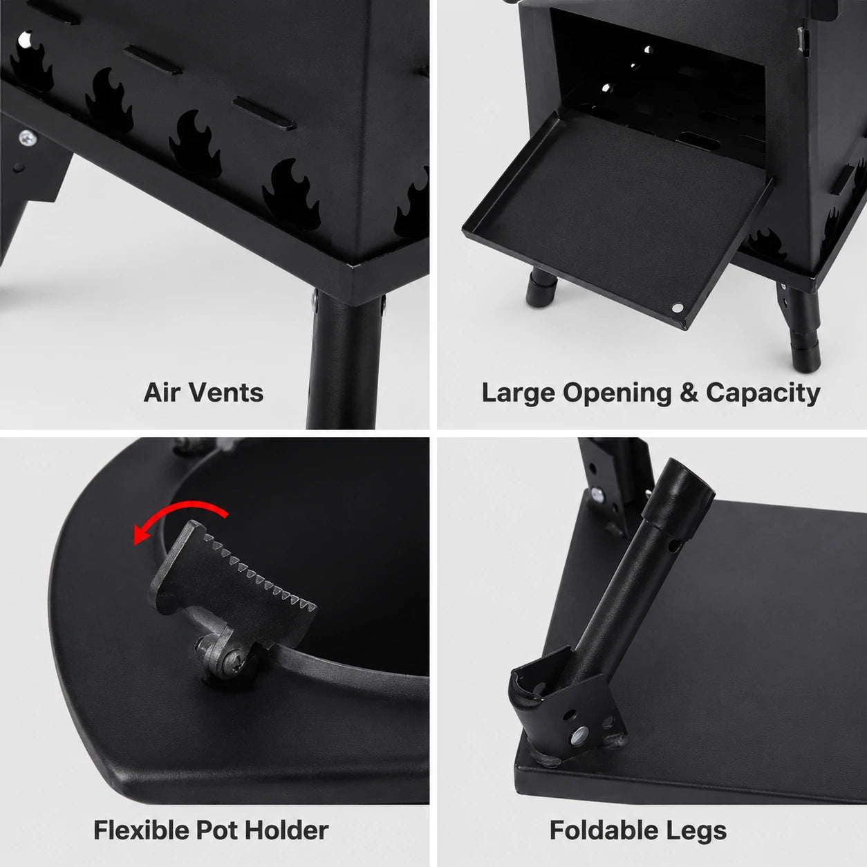 REDCAMP portable camping wood stove with air vents, large firebox opening, adjustable pot supports, and foldable legs