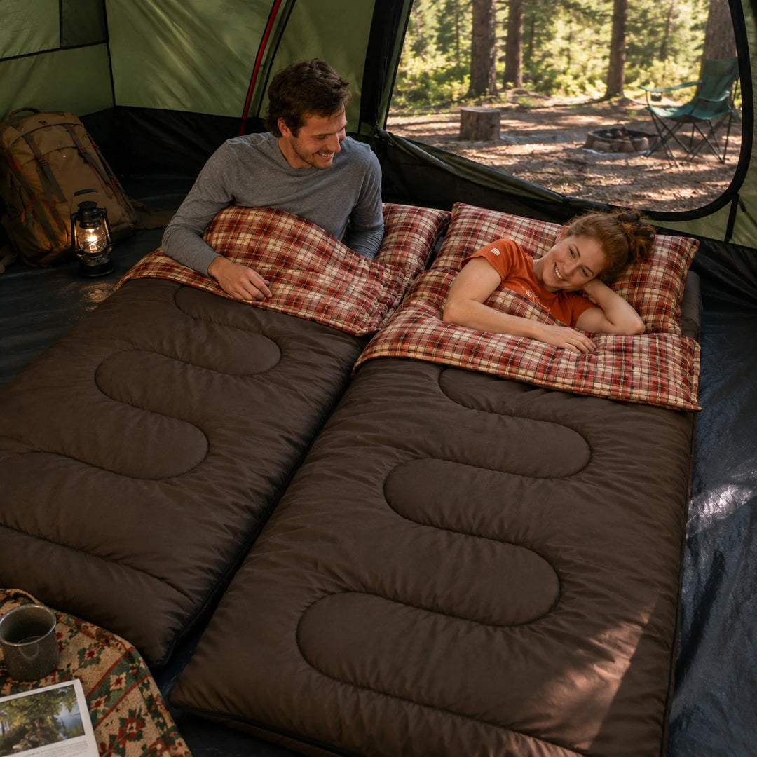 20°F Queen Size Cotton Double Sleeping Bag-Pink Plaid