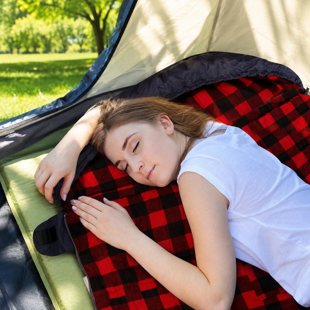 Sac de couchage de camping à capuche pour adulte en flanelle de coton, rouge, bleu, bleu marine 
