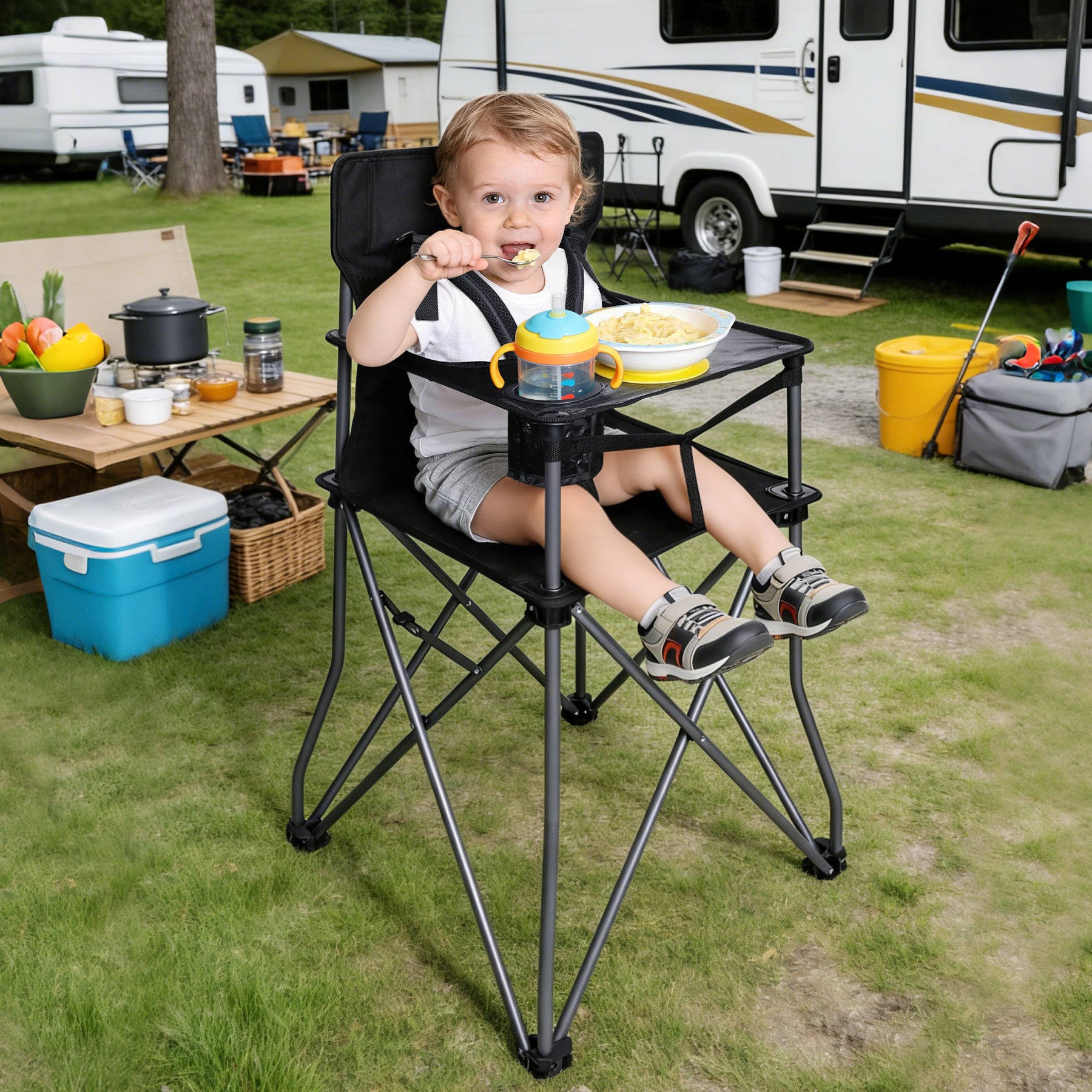 Portable High Chair for Babies and Toddlers, Camping High Chair with Tray, Space Saver for Travel, Camping, Picnic, Indoor Use