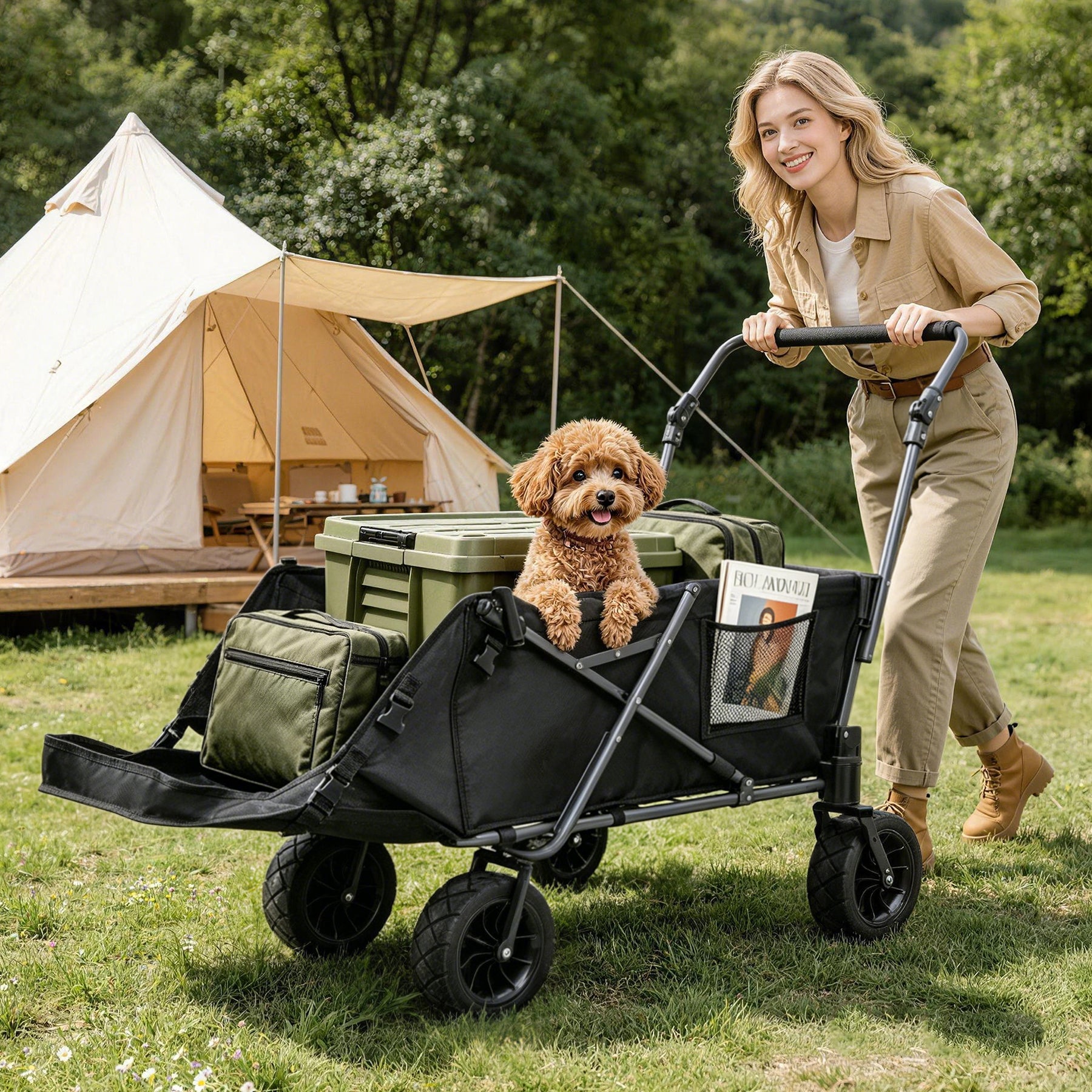 Folding Dog Wagon for Large Dogs with Extendable Rear and Canopy