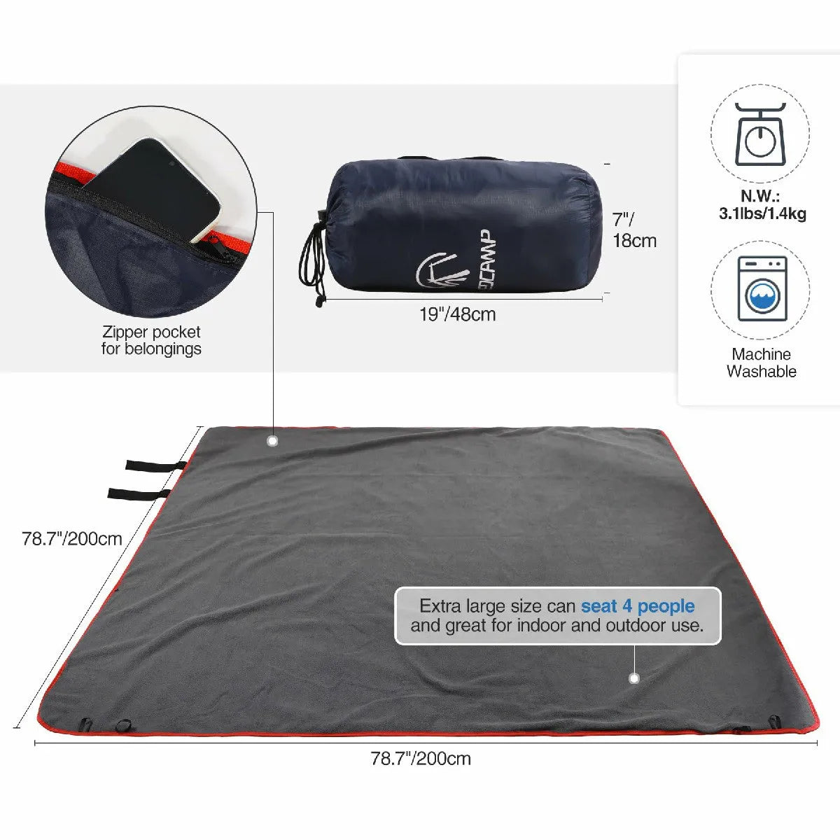 Waterproof Warm Stadium Blanket 79"x79" for Camping & Events - Redcamp