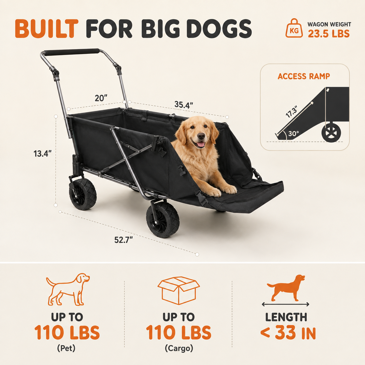 Folding Dog Wagon for Large Dogs with Extendable Rear/ Canopy