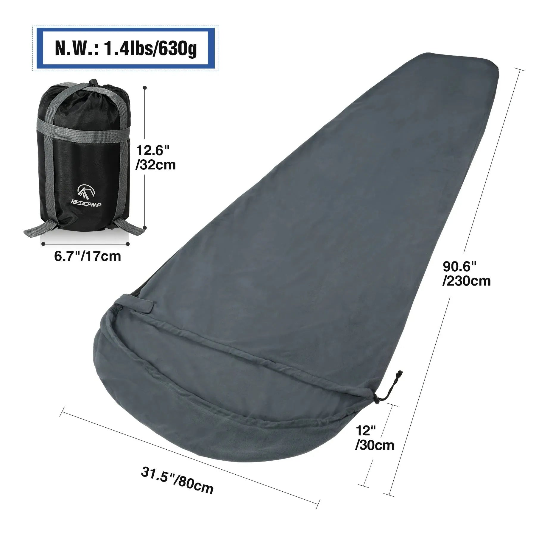 Mummy Fleece Sleeping Bag Liner with Hood - Redcamp