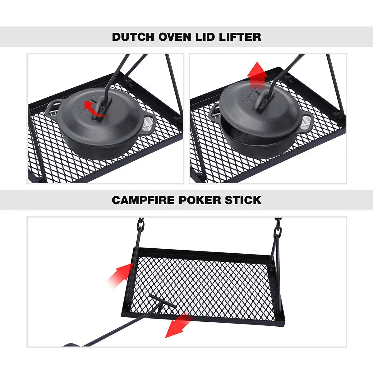 Portable Hanging Campfire Swing Grill Stand with Dutch Oven Lid Lifter & Hooks For Outdoor Cooking - Redcamp